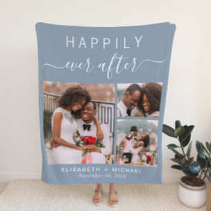 Wedding Foto Collage Dusty Blue Fleecedecke