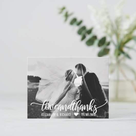 Wedding Foto Danke, Script Calligrafy Postkarte (Stehend Vorderseite)