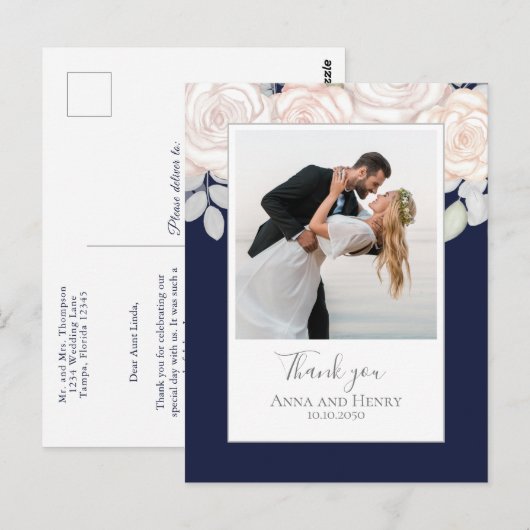 Wedding Foto Elegant Vielen Dank Navy Blue Postkarte (Vorne/Hinten)