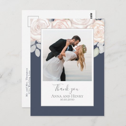 Wedding Foto Elegant Vielen Dank Slate Blue Postkarte (Vorne/Hinten)