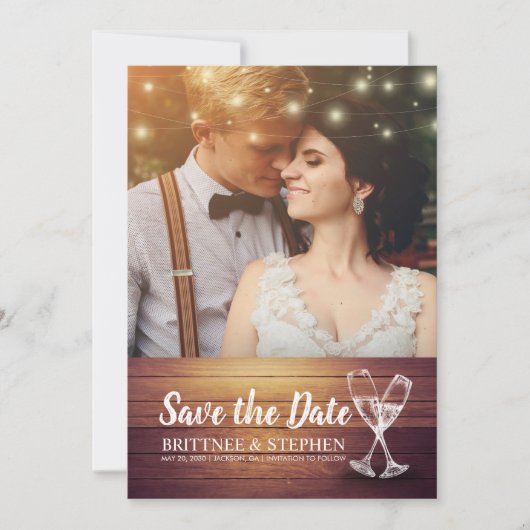 Wedding Foto Save the Date Champagne Glasses Wood (Vorderseite)