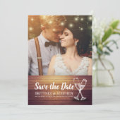 Wedding Foto Save the Date Champagne Glasses Wood (Stehend Vorderseite)