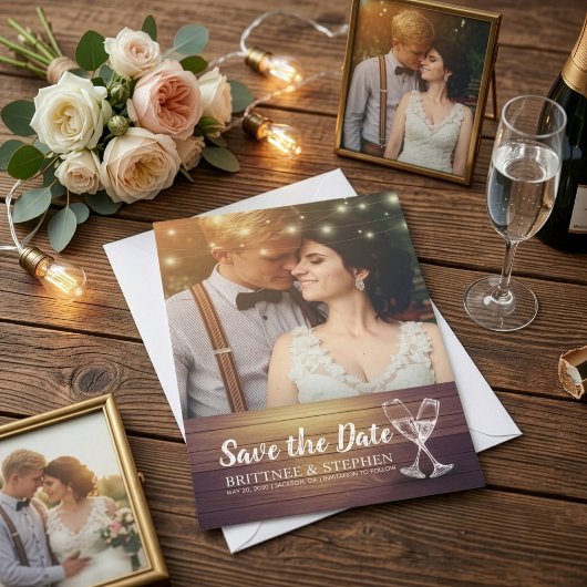 Wedding Foto Save the Date Champagne Glasses Wood
