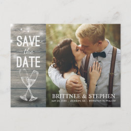 Wedding Foto Save the Date Champagne Glasses Wood Postkarte