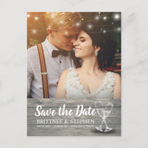 Wedding Foto Save the Date Champagne Glasses Wood Postkarte