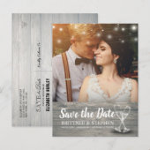 Wedding Foto Save the Date Champagne Glasses Wood Postkarte (Vorne/Hinten)