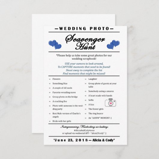 Wedding Foto Scavenger Hunt Einladung (Vorne/Hinten)