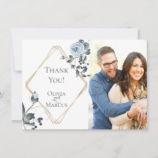 Wedding Foto Vielen Dank | Dusty Blue Floral Dankeskarte (Vorderseite)