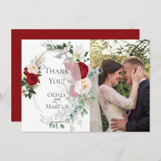 Wedding Foto Vielen Dank | Eleganter Roter Rahmen Dankeskarte (Vorne/Hinten)