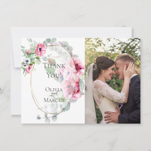 Wedding Foto Vielen Dank | Wasserfarbe Rosa Mohn Dankeskarte (Vorderseite)
