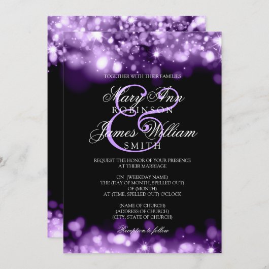 Wedding funkelnde Lichter lila Einladung (Vorne/Hinten)
