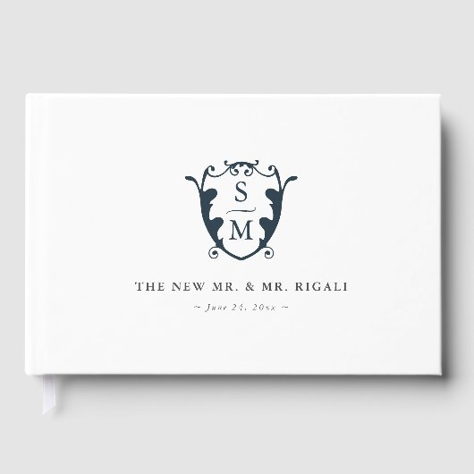 Wedding Gast Book Monogram Wappen Navy Blue Gästebuch (Vorderseite)