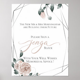Wedding GastBook Jenga Dusty Rose Floral Sign 2 Poster