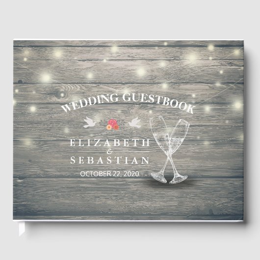 Wedding Gästebuch Champagne Brillen Wood Lights (Vorderseite)
