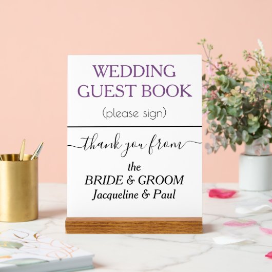 Wedding Gästebuch NAMES White Dusty Violet Acrylschild (Hochzeit)