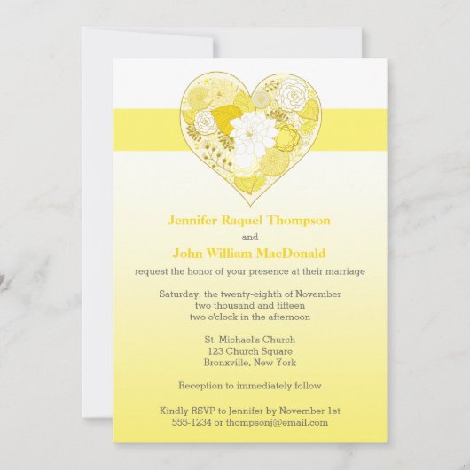 Wedding | gelb, Blumen| Herz des Weiß-| Ombre | Einladung (Vorderseite)