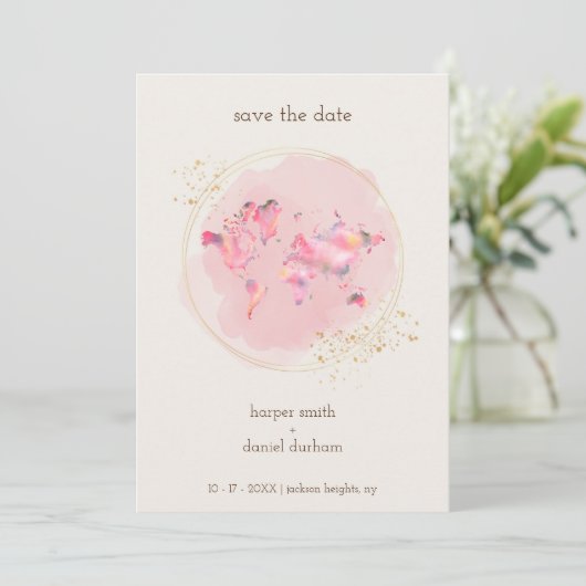 Wedding Gold Effect World Map Save The Date (Stehend Vorderseite)
