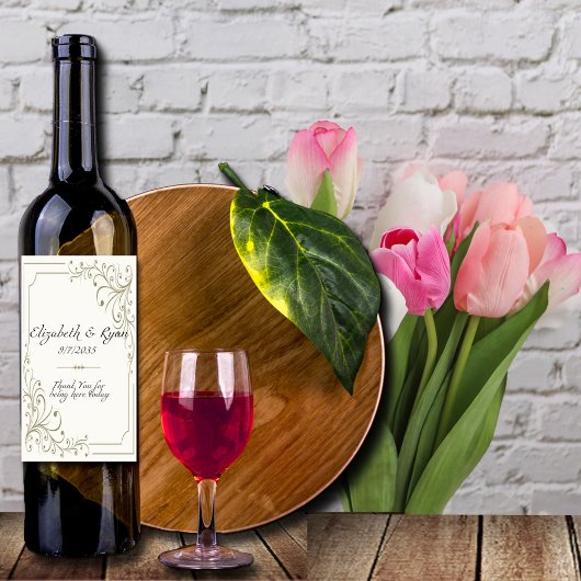 Wedding Gold Filigree Ivory Elegant Weinetikett