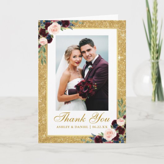Wedding Gold Glitzer Burgundy Blue Floral Fold Dankeskarte (Vorderseite)