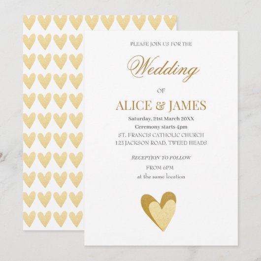 Wedding Gold Hearts Einladung (Vorne/Hinten)