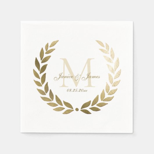 Wedding Gold Laurel Wreath Mit Monogramm White Serviette (Vorderseite)