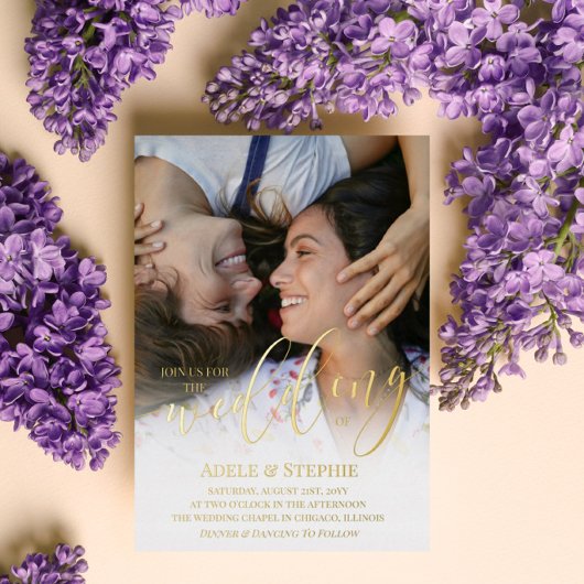 Wedding Gold Script Foto doppelseitig Folieneinladung