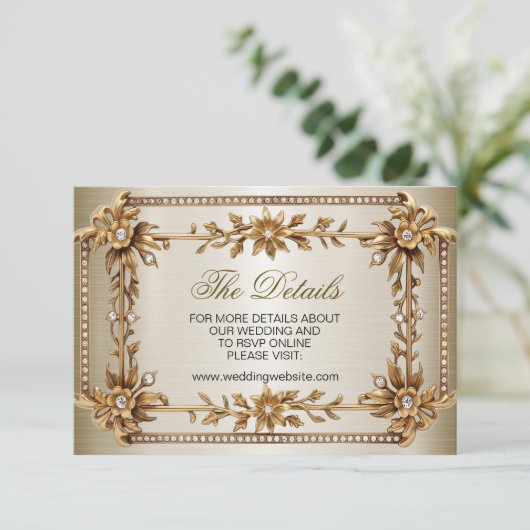 Wedding Gold Verziert Rectangle Dimond Blume Shiny Begleitkarte (Stehend Vorderseite)