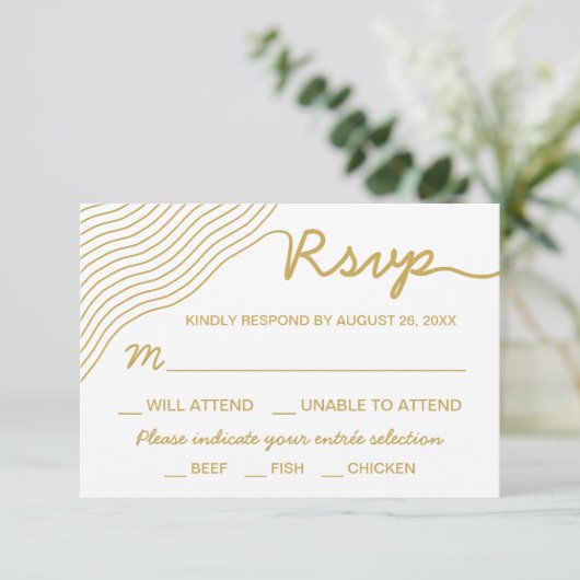 Wedding Gold White Wavy Lines Elegant Minimalistis RSVP Karte (Stehend Vorderseite)