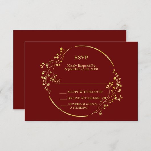 Wedding Golden Floral Geometric Wreath Red RSVP Karte (Vorne/Hinten)
