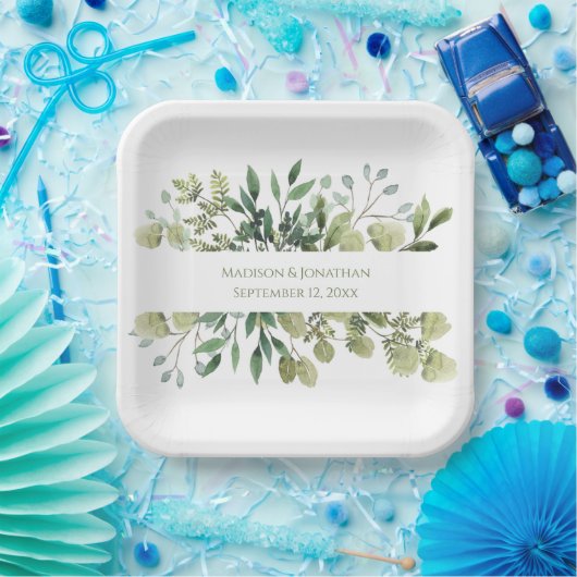 Wedding Greenery Eucalyptus Watercolor Personalize Pappteller (Party)