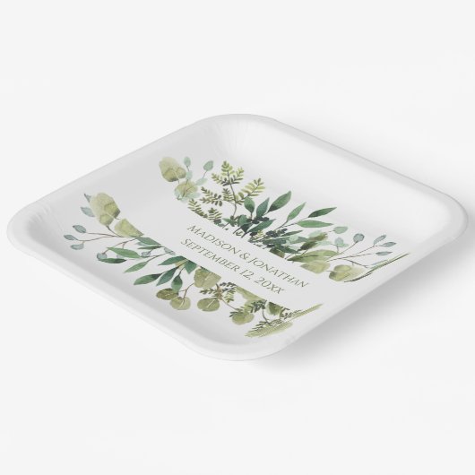 Wedding Greenery Eucalyptus Watercolor Personalize Pappteller (Gewinkelt)
