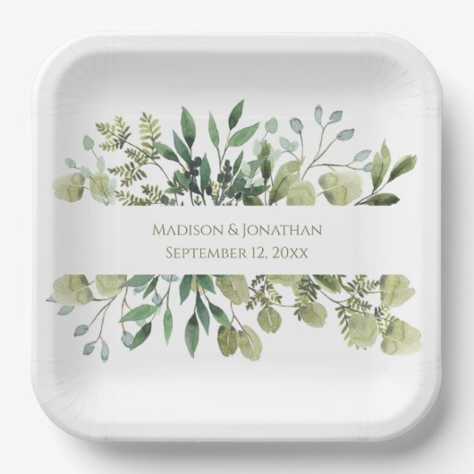 Wedding Greenery Eucalyptus Watercolor Personalize Pappteller (Vorderseite)