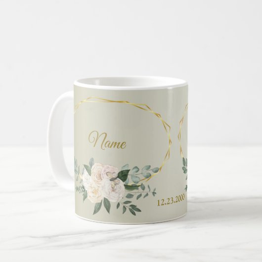Wedding Greenery Leaves Pink Floral Gold Geometric Kaffeetasse (Vorderseite Links)