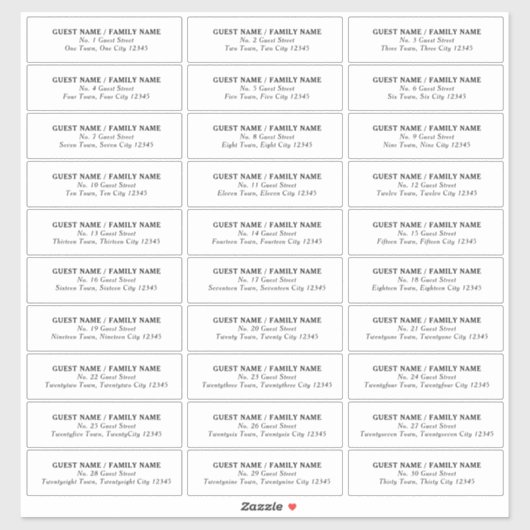 Wedding Guest Address Label 30 separate Adressen (Blatt)