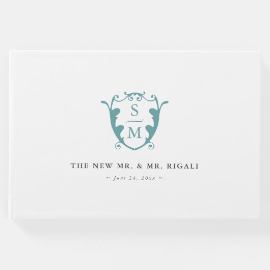 Wedding Guest Book Custom Monogram Crest Turquoise Gästebuch (Vorderseite)