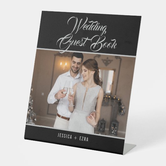 Wedding Guest Book Foto Elegantes Silver Script Sockelschild (Vorderseite)