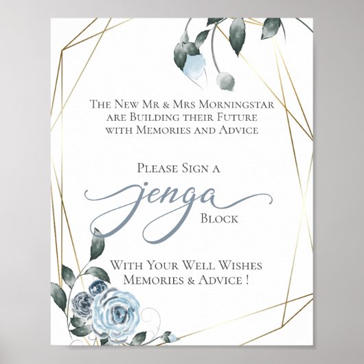 Wedding Guest Book Jenga Dusty Blue Floral Sign Poster (Vorne)