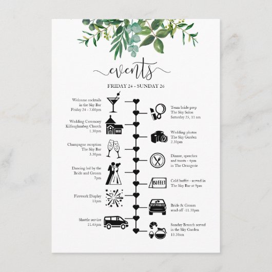 Wedding Guest Itinerary Greenery Illustriert Hinweiskarte (Vorderseite)