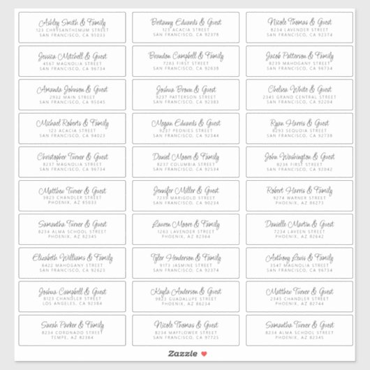 Wedding Guest Names Address Chic Modern Simple Aufkleber (Blatt)