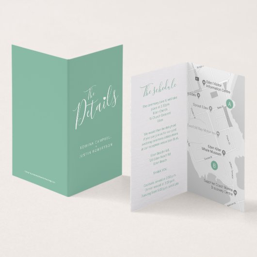 Wedding guest schedule map green enclosure cards (Innenseite und Außenseite)