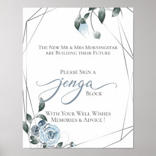 Wedding GuestBook Jenga Dusty Blue Floral Signing Poster