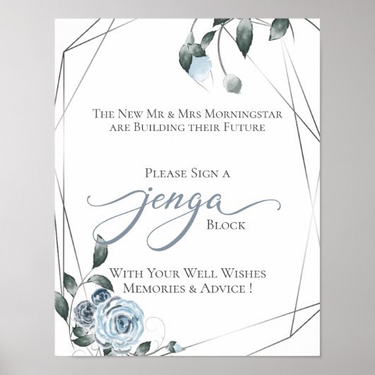 Wedding GuestBook Jenga Dusty Blue Floral Signing  Poster (Vorne)