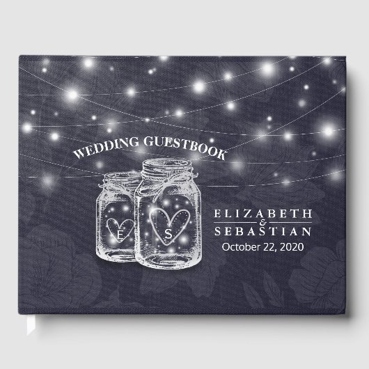 Wedding Guestbook Mason Jar String Light Navy Blue Gästebuch (Vorderseite)