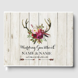 Wedding GuestBook Stag Antlers Wood Floral Rustic Gästebuch