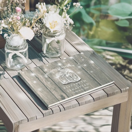 Wedding Guestbook Wood Chic Mason Jar String Light Gästebuch