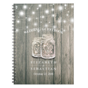 Wedding Guestbook Wood Chic Mason Jar String Light Notizblock