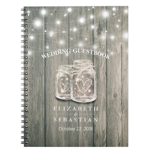Wedding Guestbook Wood Chic Mason Jar String Light Notizblock (Vorderseite)