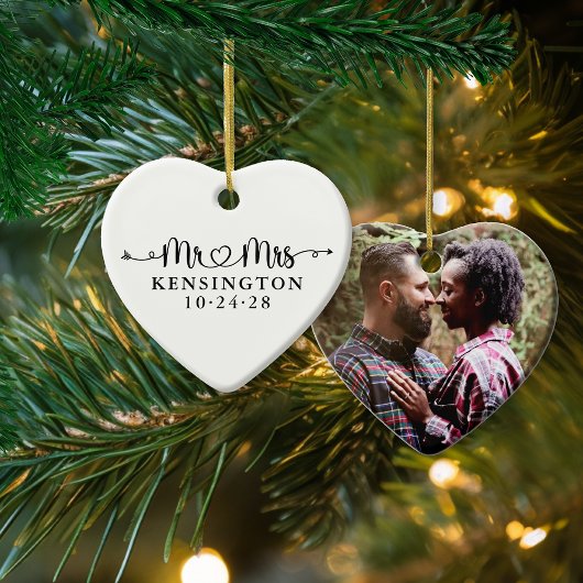 Wedding Heart Arrows Mr. Mrs. Newlywed Foto Keramik Ornament