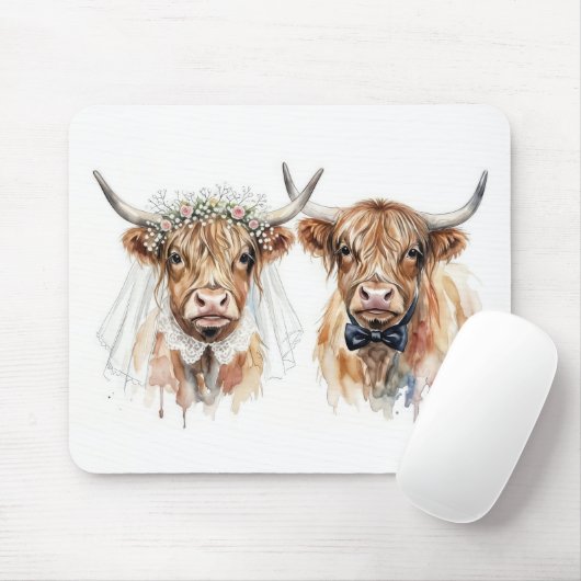 Wedding Highland Cows in Watercolor Mousepad (Mit Mouse)