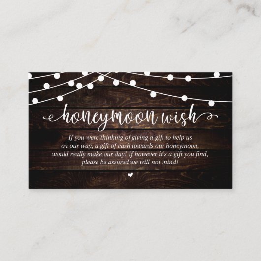 Wedding Honeymoon Fund Wish, Rustic String Lights Begleitkarte (Vorderseite)
